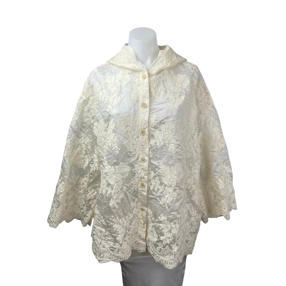 NEW Chenopod Ivory Floral Lace Hooded Long Sleeve Button Down Poncho Cape Top M